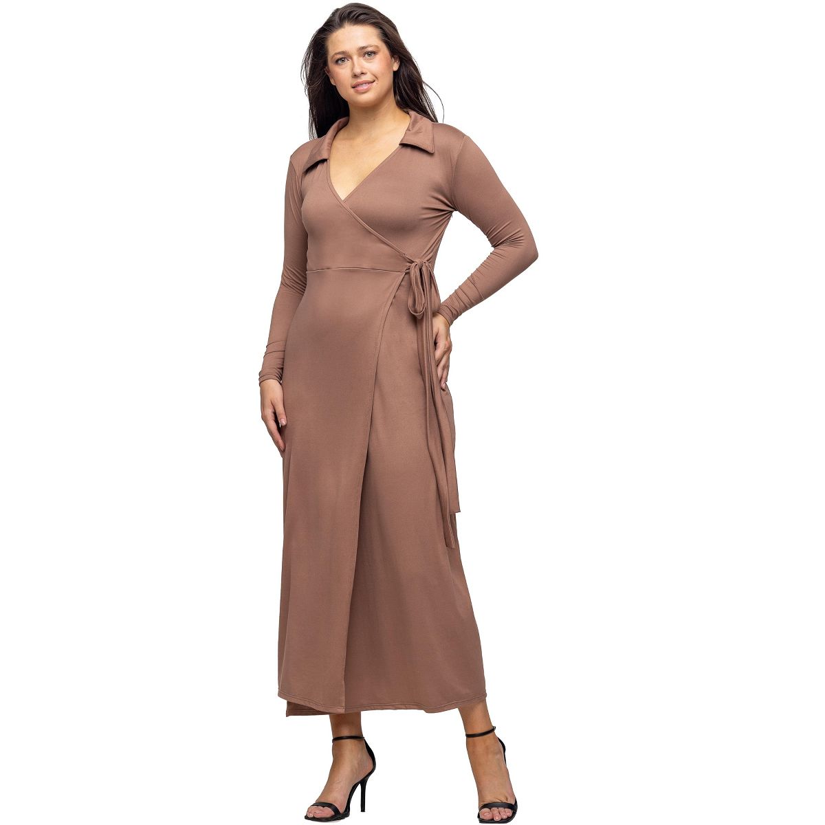 Womens V-Neck Long Sleeve Collared Wrap A-Line Maxi Dress - 24seven Comfort Apparel™ - thumbnail 8