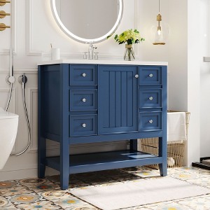 36" Bathroom Vanity with Sink, 1 Cabinet and 3 Drawers, Blue - ModernLuxe - 1 of 4