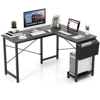 Costway L-Shaped Computer Desk Reversible Home Office Desk with Side Storage Bag & Host Stand  Dark Gray