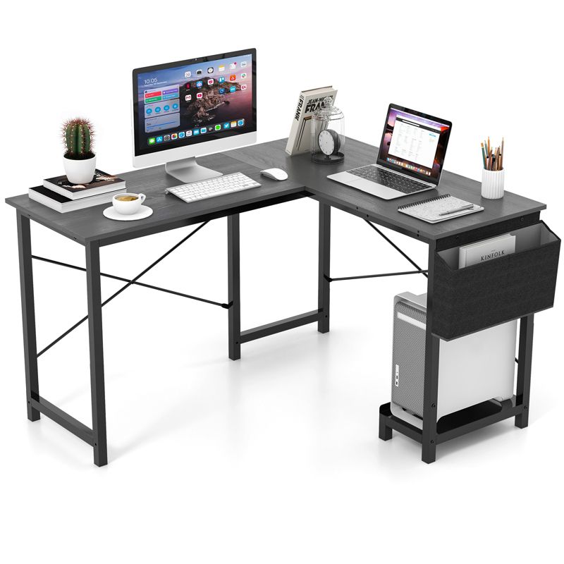 Costway L-Shaped Computer Desk Reversible Home Office Desk with Side Storage Bag & Host Stand  Dark Gray, 1 of 11