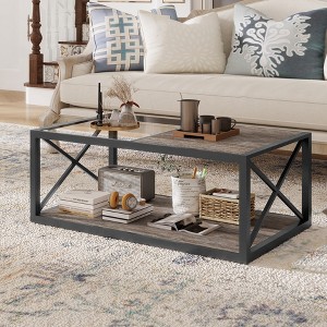 KTMBDW Wood 2-Tier Coffee Table with Storage Shelf and Tempered Glass, X Design Accent Cocktail Table for Living Room - 1 of 4