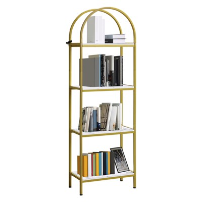 Industrial Arched Bookshelf 4-Tier - Metal Corner Shelf w/Adjustable Feet, Freestanding Bookcase for Living Room, Heavy-Duty Display Storage