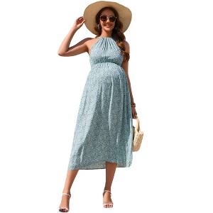 Women Maternity Halter Neck Summer Casual Sundress Sleeveless Boho Ruched Back Strap Flowy Maxi Dress Baby Shower - 1 of 4