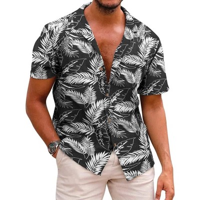 COOFANDY Men's Hawaiian Floral Shirts Cotton Linen Button Down Tropical Holiday Beach Shirts
