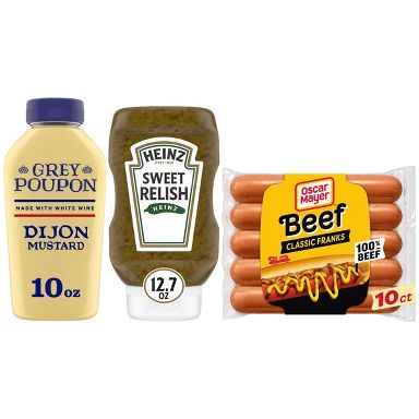 Heinz 12.7oz Sweet Relish + Grey Poupon 10oz Dijon Mustard Squeeze Bottle + Oscar Mayer 15oz/10ct Original Classic Beef Franks Hot Dogs