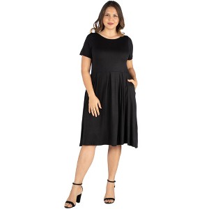 24seven Comfort Apparel Short Sleeve Plus Size  Midi Skater Dress With Pockets - 1 of 4