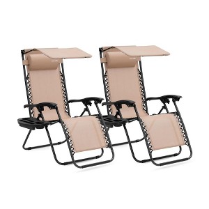 SereneLife Zero Gravity Lounge Chair, Adjustable Steel Mesh Recliners, with Canopy, Removable Pillows and Cup Holder Side Tables, Set of 2, Cream - 1 of 4