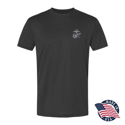 OUTSIDE THE WIRE Leatherneck for Life Black Left Chest Eagle, Globe, and Anchor Established Performance T-Shirt- Grey Logo