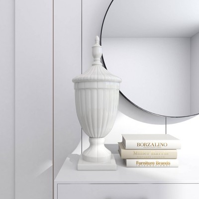 26" White Ceramic Tall Fluted Urn Vase with Lid