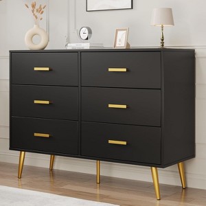 Modern 6 Drawer Dresser with Storage Space, Wooden Dresser with Gold Handles, Chest Dresser with Deep Drawers for Bedroom, Living Room, Office - 1 of 4