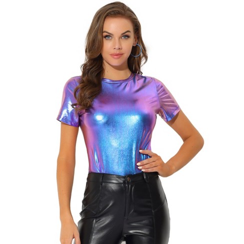 Allegra K Women's Mesh Crop Short Sleeve Metallic Party See-through Shirts  Purple X-small : Target