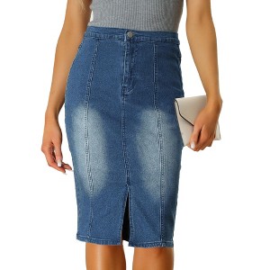 Allegra K Women's Slit Elastic High Waist Below Knee Length Stretch Bodycon Pencil Denim Skirt - 1 of 4