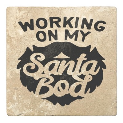 Christmas by Krebs Set of 4 Ivory and Black "WORKING ON MY Santa Bod" Square Coasters 4"