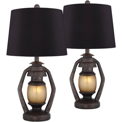 Franklin Iron Works Rustic Table Lamps Set of 2 with Nightlight Bronze Black Faux Silk Drum Shade for Living Room Bedroom House