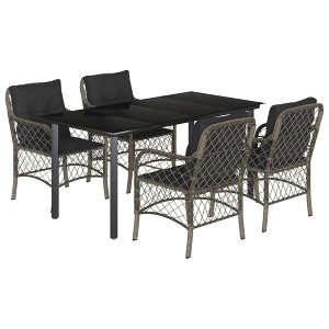 vidaXL 5 Piece Patio Dining Set – Durable Gray Poly Rattan with Cushions & Tempered Glass Tabletop – Ideal for Garden/Backyard Use - 1 of 4