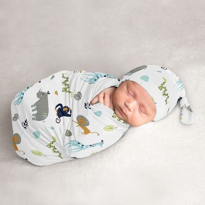 Image of Sweet Jojo Designs Boy Baby Cocoon and Beanie Hat Swaddle Wrap Mod Jungle Blue, Green and Grey 2pc