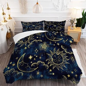 Hachikiko Blue Gold Sun and Moon Galaxy Comforter Set - Bohemian Gothic Bedding with Pillowcases & Cushion Cover - 1 of 4