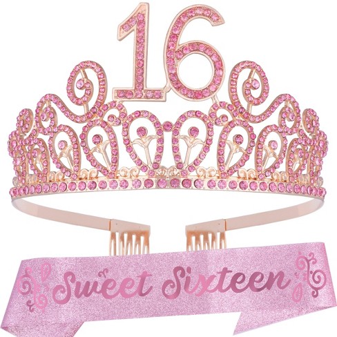 MEANT2TOBE 16th Birthday Sash and Tiara for Girls - Fabulous Set: Glitter Sash + Ripples Rhinestone, Pink - image 1 of 4