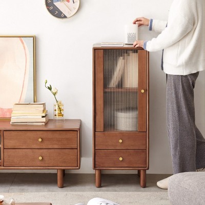 Living Room Wooden Accent Cabinet,Storage Cabinet with Vintage Glass Door And 2 Shelves,Entryway Freestanding Corner Cabinet-Cuddlewood