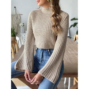 Women's Mock Neck Sweater Bell Sleeve Short Crop Pullover Top For Fall And Winter - 1 of 4