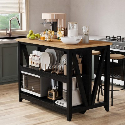 Wooden Kitchen Island with Storage, Bakers Rack, Large Kitchen Island Table with 3 Tier Microwave Stand Oven Shelf for Kitchen Dining Room