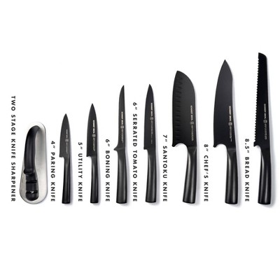 (MISSING A KNIFE) Schmidt Bros Cutlery 9pc Jet Black Series Knife Block Set: Stainless Steel Blades & Handles, Includes Sharpener