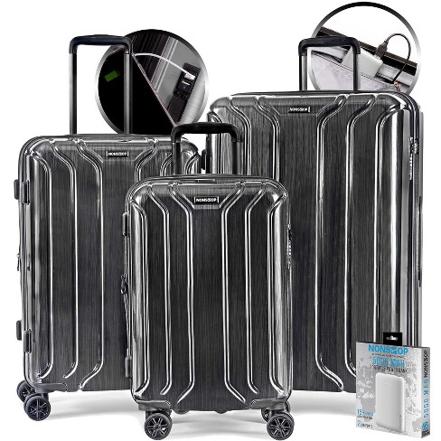 Nonstop New York Elite Lightweight Expandable 3 Piece Spinner Luggage Set+ 3 Packing Cubes - 3 Piece Set + Powerbank - Charcoal