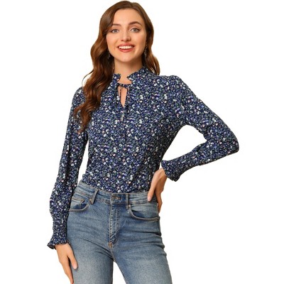 INSPIRE CHIC Women's Chiffon Tie Neck Long Sleeve Floral Blouse