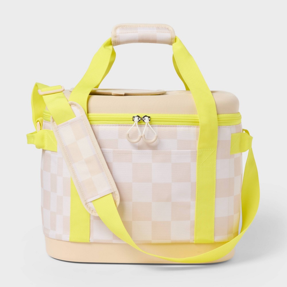 24 Cans/20.7qt Soft Sided Cooler - Sun Squad™ Beige Checkered/Yellow: Adjustable Straps