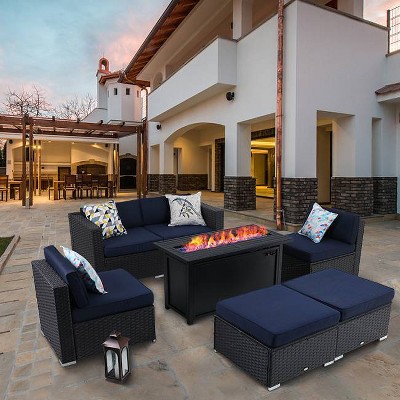 7pc Outdoor Conversation Set with Wicker Sofa & Rectangular Gas Fire Pit Table - Captiva Designs