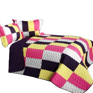 Slickblue Full/Queen Checkered Board Quilt Set, Handmade, Vermicelli Quilted, Reversible, Orange/Purple, 3PC - 1 of 3