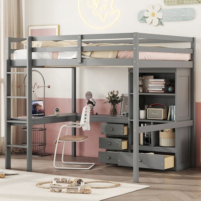 NicBex Full Sie Loft Bed with Desk Wooden Bed Frame with Storage Shelves, Drawers, Ladder and Full Length Guardrail, No Box Spring Required