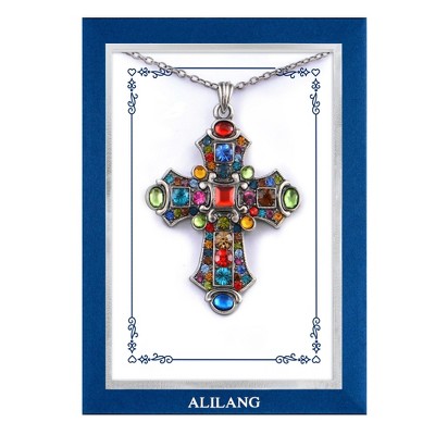 Anna-Kaci Silver Tone Stained Glass Rhinestone Cross Pendant Necklace Gift Message Card & Envelope Faith Jewelry Gifts