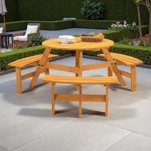 6-Person Outdoor Patio Fir Wood Round Picnic Dining Set with 3 Built-in Benches and Umbrella Hole - 1 of 4