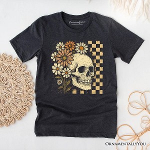 Checkered Floral Skeleton T-Shirt, Vintage Skull Daisy Halloween Tee| OrnamentallyYou - 1 of 4