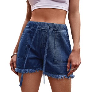 Womens Ripped Cuff Denim Shorts Summer Casual Shorts with Drawstring Elastic Wasit Lightweight Denim Shorts with Pockets - 1 of 4