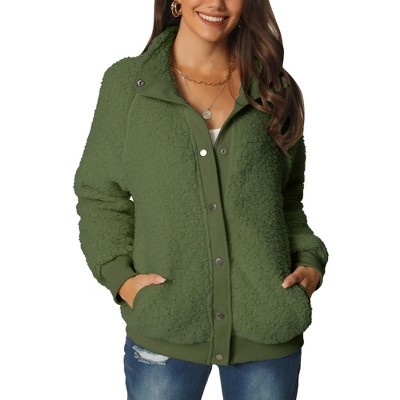 Seta T Women's Fluffy Fleece Two Pockets Long Sleeve Button Front Closure Casual Jacket