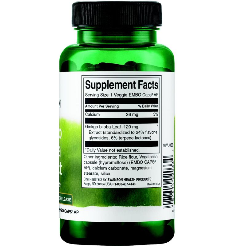 Swanson Herbal Supplements Standardized Ginkgo Biloba Extract 120 mg Veggie Capsule 100ct, 2 of 7