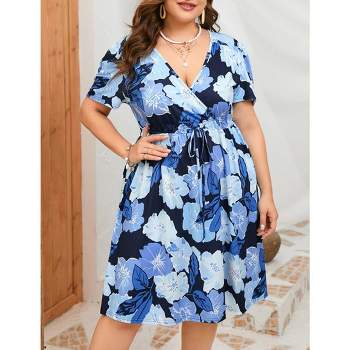 WhizMax Women's Plus Size Summer Dresses Floral for Women V Neck High Waist Dress A Line Midi Short Sleeve Dress