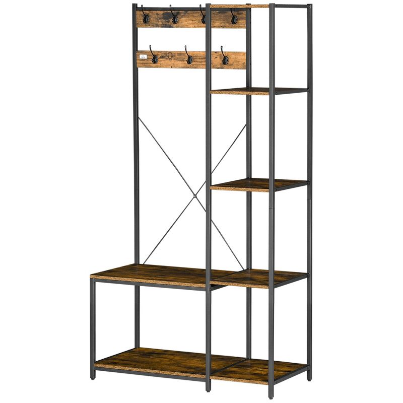 HOMCOM Industrial Hall Tree with Side Storage Shelves, Entryway Bench with Coat Rack, Freestanding Coat Tree with Shoe Storage and Hooks, Rustic Brown, 4 of 7