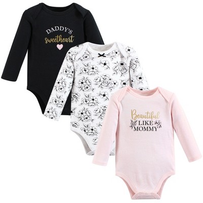 Image of Hudson Baby Infant Girl Cotton Long-Sleeve Bodysuits, Mom Dad Toile, 0-3 Months