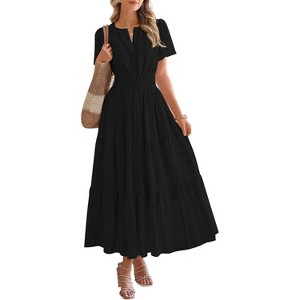 Women's 2025 Summer Casual Midi & Maxi Dress - Lightweight V-Neck Boho Beach Dress with Elastic Waist & Pockets Black - 1 of 4