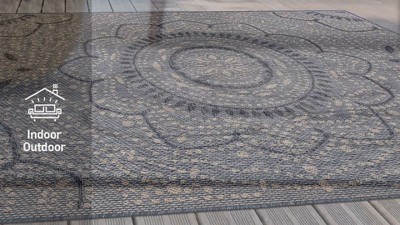 Cream and Blue Medallion Flat Woven Indoor/Outdoor Rug