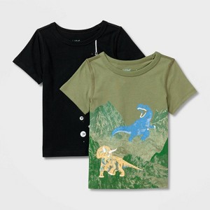Toddlers 2pk Adaptive Short Sleeve 'Dino/Space' Graphic T-Shirt - Cat & Jack™ Bright Olive/Black - 1 of 3