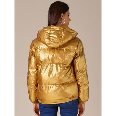 INSPIRE CHIC Women's Casual Shiny Pockets Hooded Winter Puffer Jackets Gold Large — фото 4