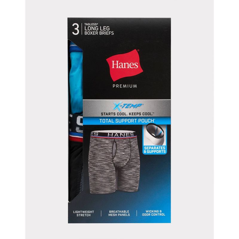 Hanes Premium Men's Xtemp Total Support Pouch Anti Chafing 3pk Long Leg Boxer Briefs - Blue/Gray/Black, 3 of 8