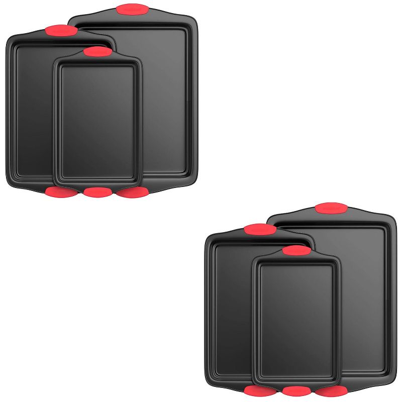 NutriChef Kitchen Oven Non Stick Gray Coating Carbon Steel 3 Piece Cookie Sheets Bakeware Set with Heat Resistant Red Silicone Handles (2 Pack), 3 of 7