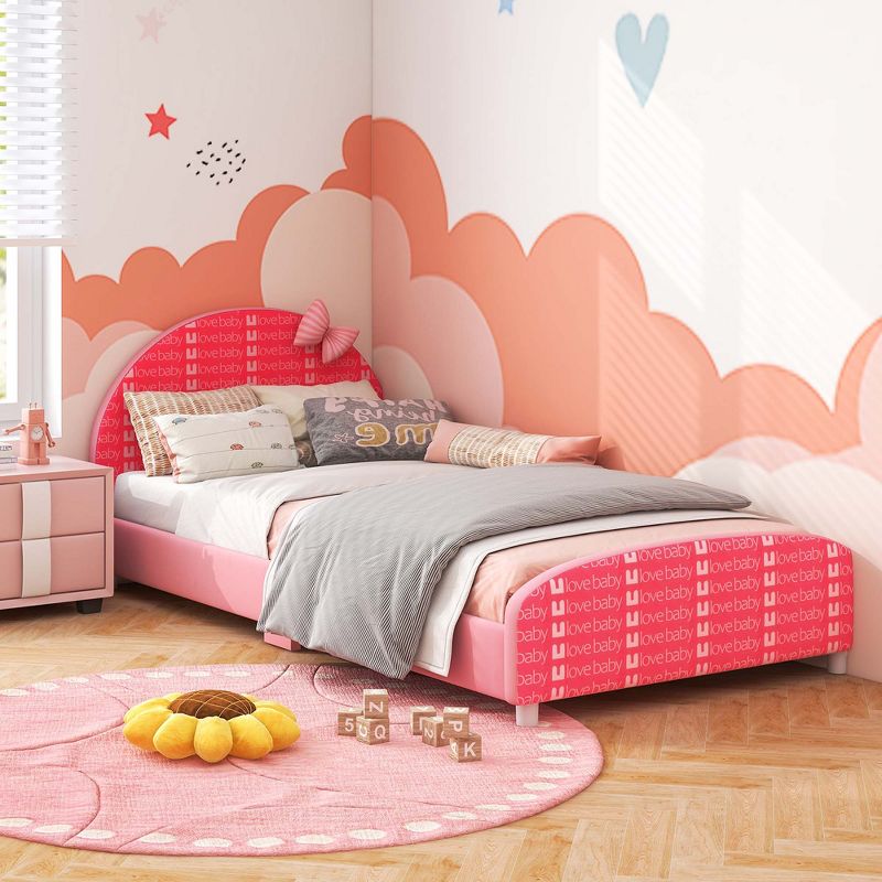 Honeyjoy Children Twin Size Upholstered Platform Single Bed with Headboard & Footboard Pink, 4 of 11