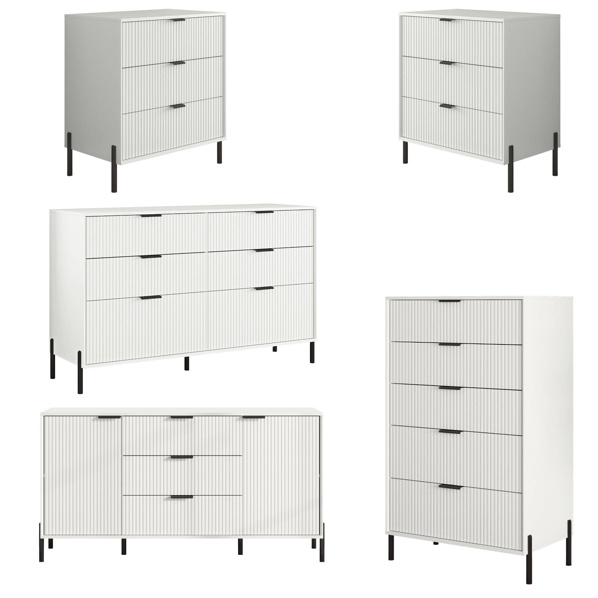 Festivo 5pc Modern Elegance Bedremm Chest and 2 Dressers and 3 Drawer Nightstands Set Off-White