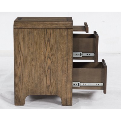 Light Brown Wood Rectangular End Table with Storage and USB Ports